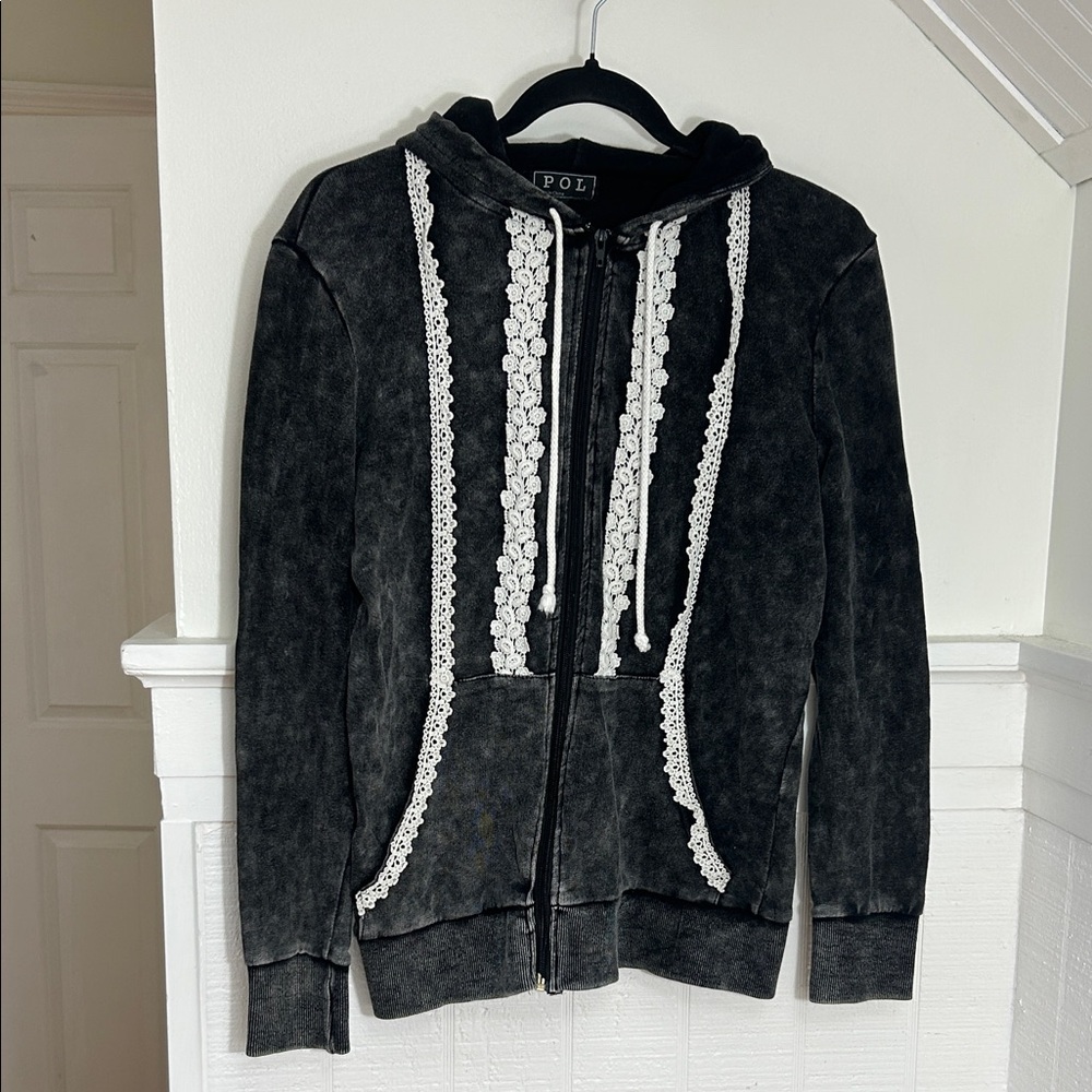 POL Black Lace-Trim Zip Hoodie